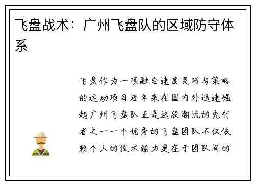 飞盘战术：广州飞盘队的区域防守体系